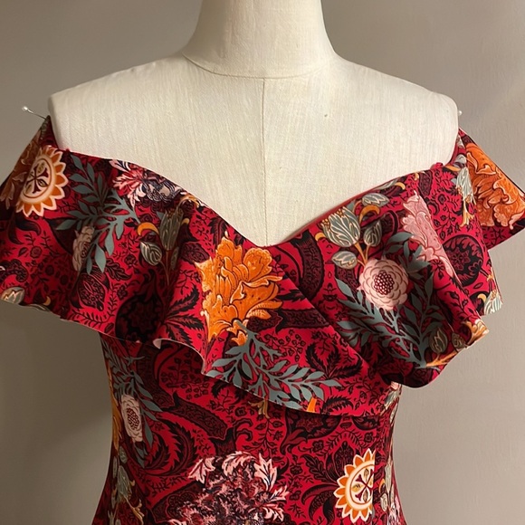 GUESS Red Elysian Floral Shaye OFF THE SHOULDER ruffle fitted SCUBA mini dress L - Picture 4 of 16